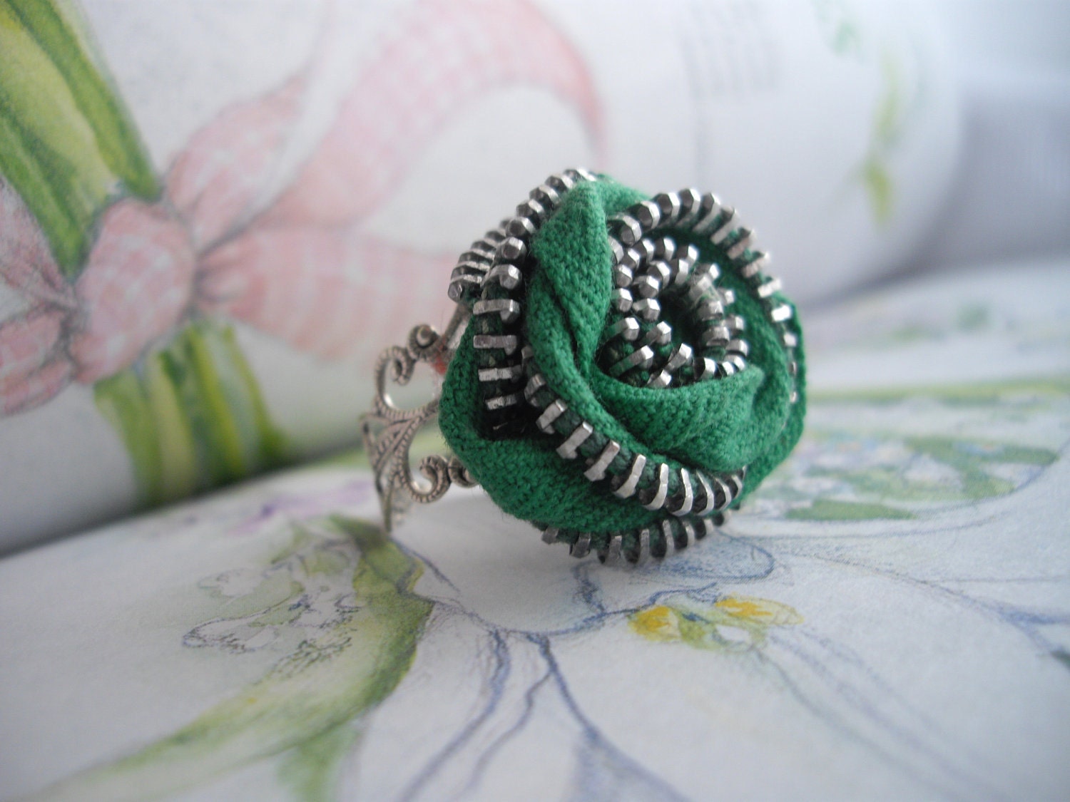 Green Ring Adjustable Zipper Finger Ring Handmade in USA