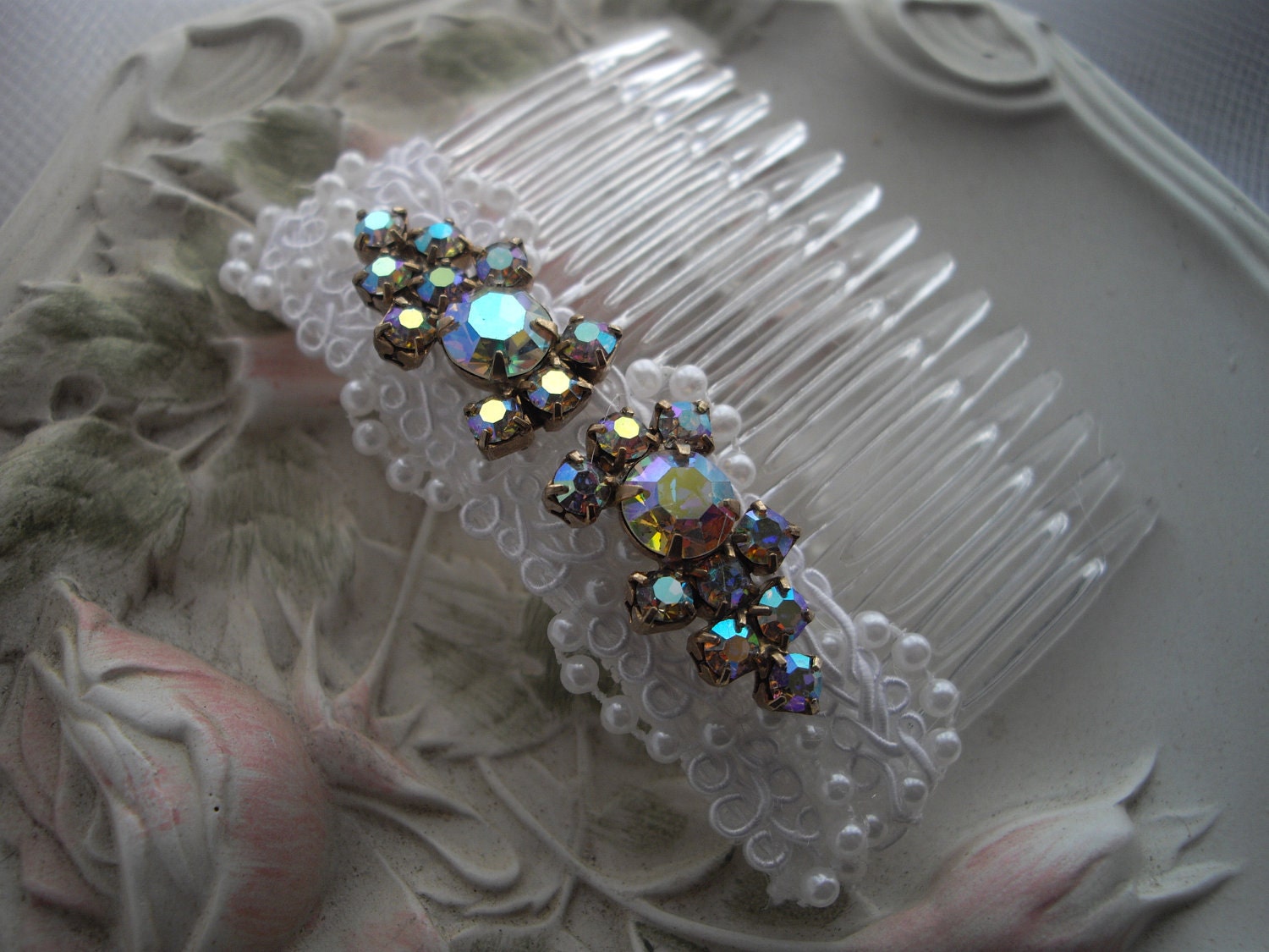 White Hair Comb Upcycled and Repurposed Arora Borealis Wedding Keepsake Handmade