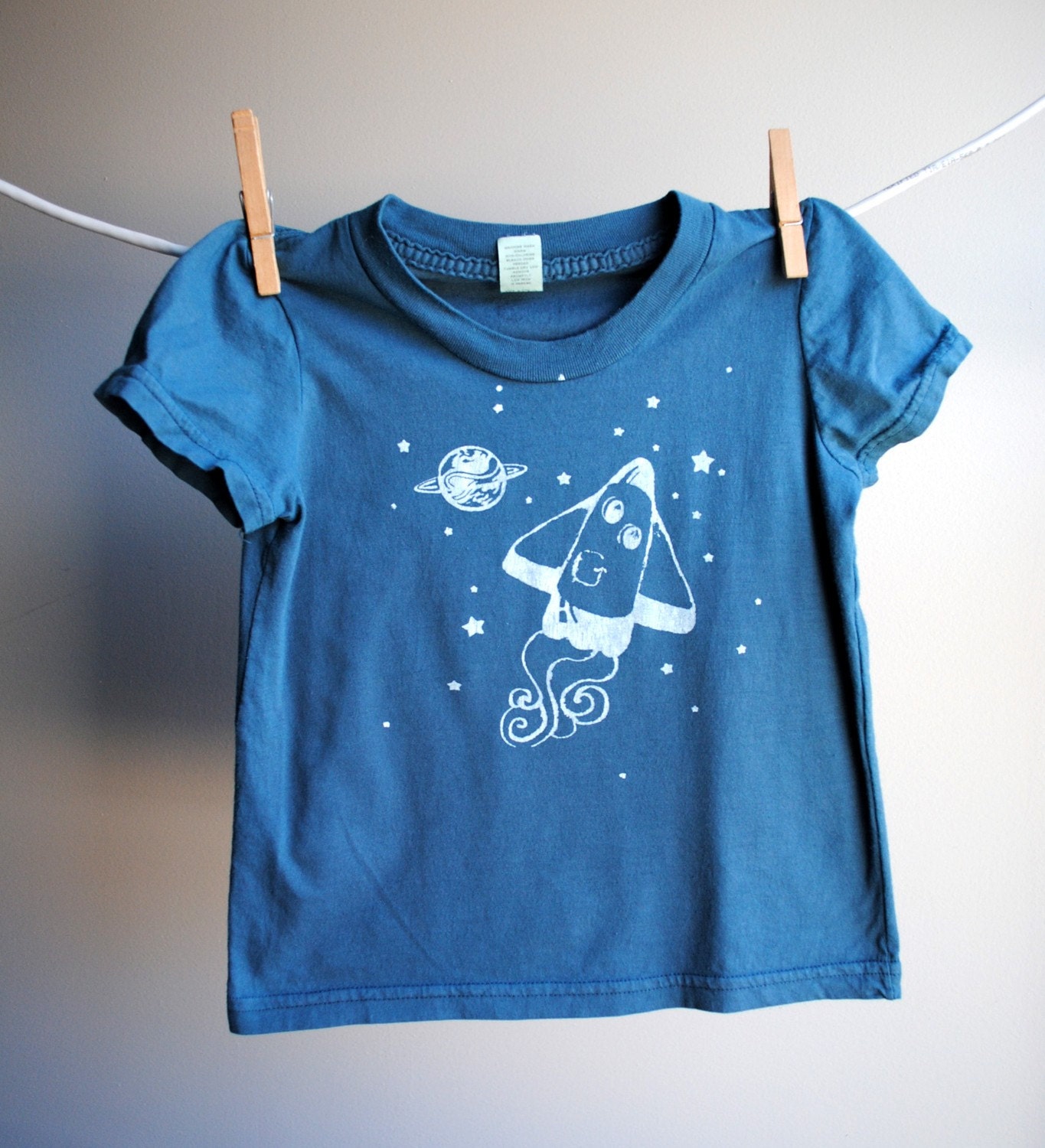 Rocket Ship and Stars Organic T-Shirt, hand dyed cadet blue with white Ink, sized 2 Toddler