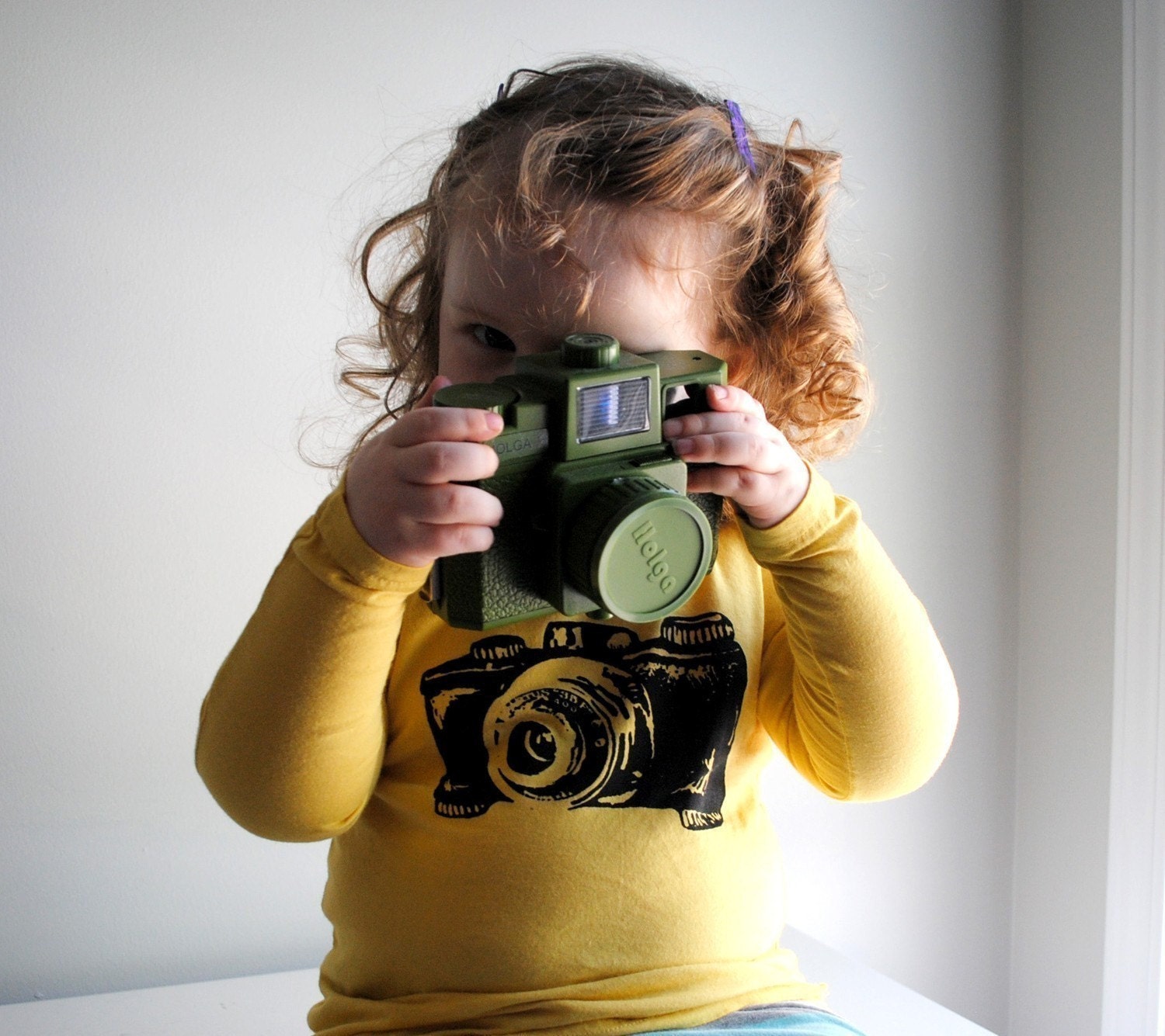 Camera Shirt Organic Long Sleeved, Yellow Kids Shirt.  Sizes 6 - 12 months - 1 left