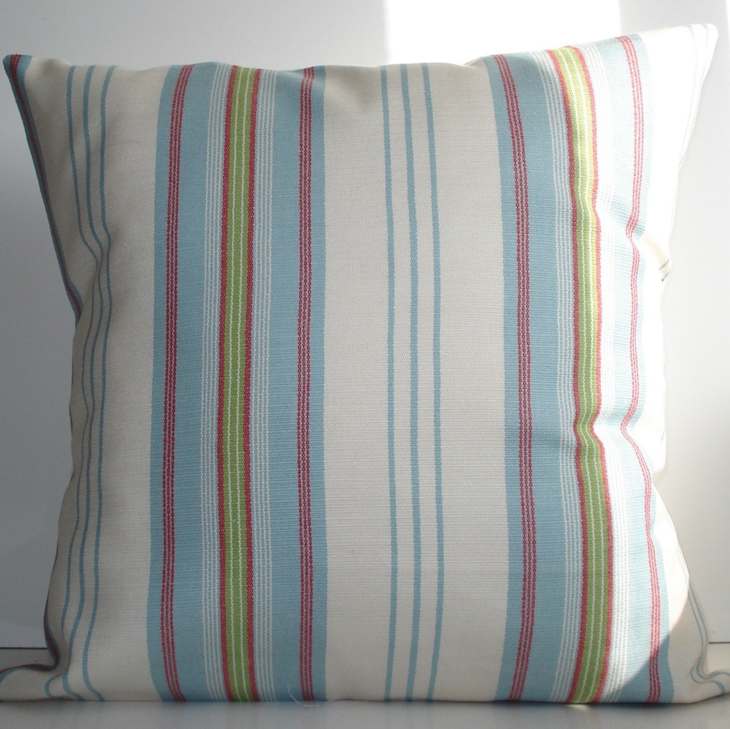 New 18x18 inch Designer Handmade Pillow Case in green, red, blue stripe.