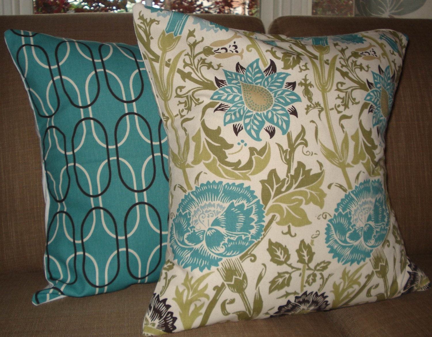 TWO New 18x18 inch Designer Handmade Pillow Cases in turquoise, dark brown, and two shades of green on cream.