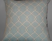 New 18x18 inch Designer Handmade Pillow Case. Contemporary designer fabric in blue, white and taupe lattice pattern.