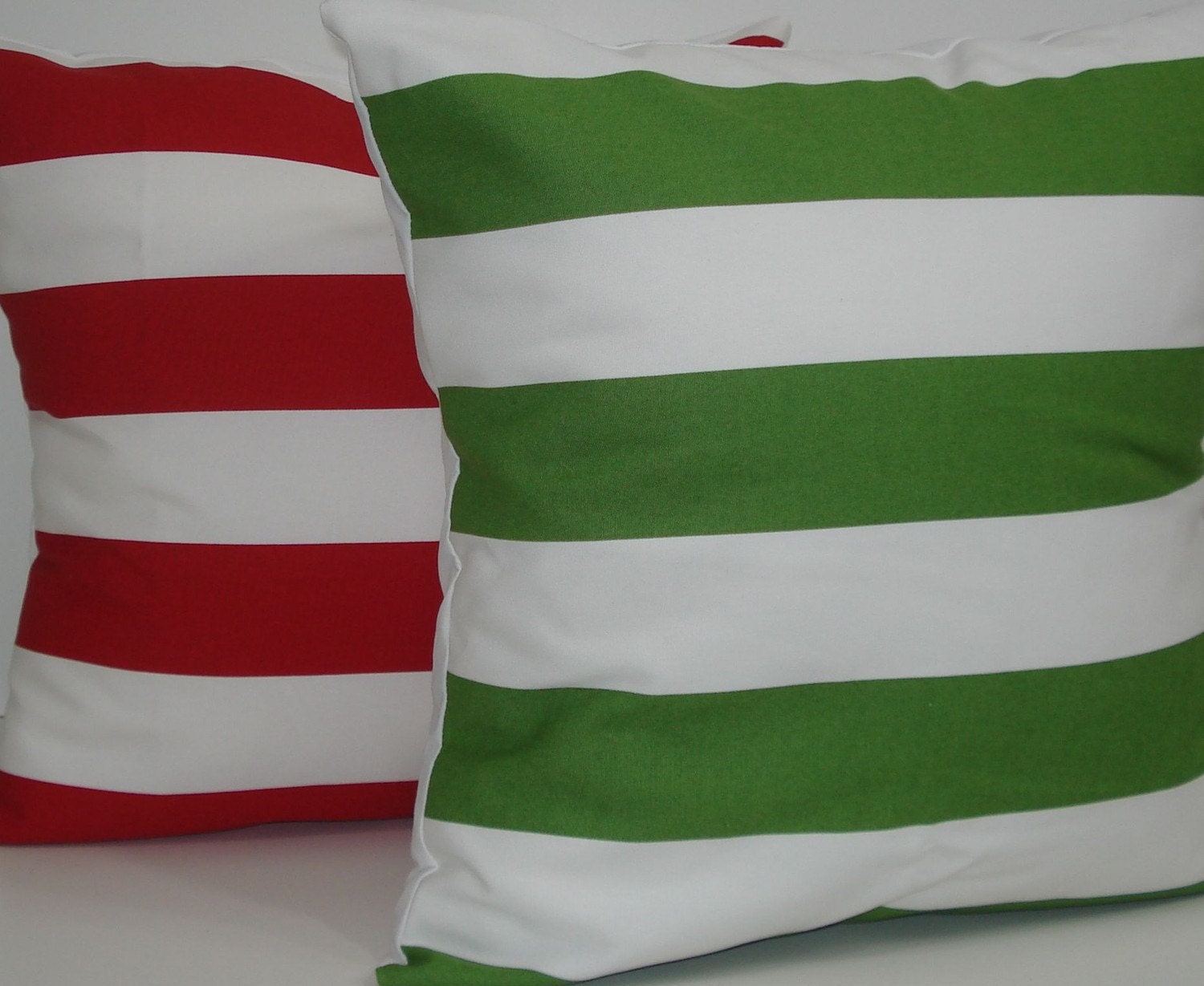TWO New 18x18 inch Designer Handmade Pillow Cases in red and green stripes