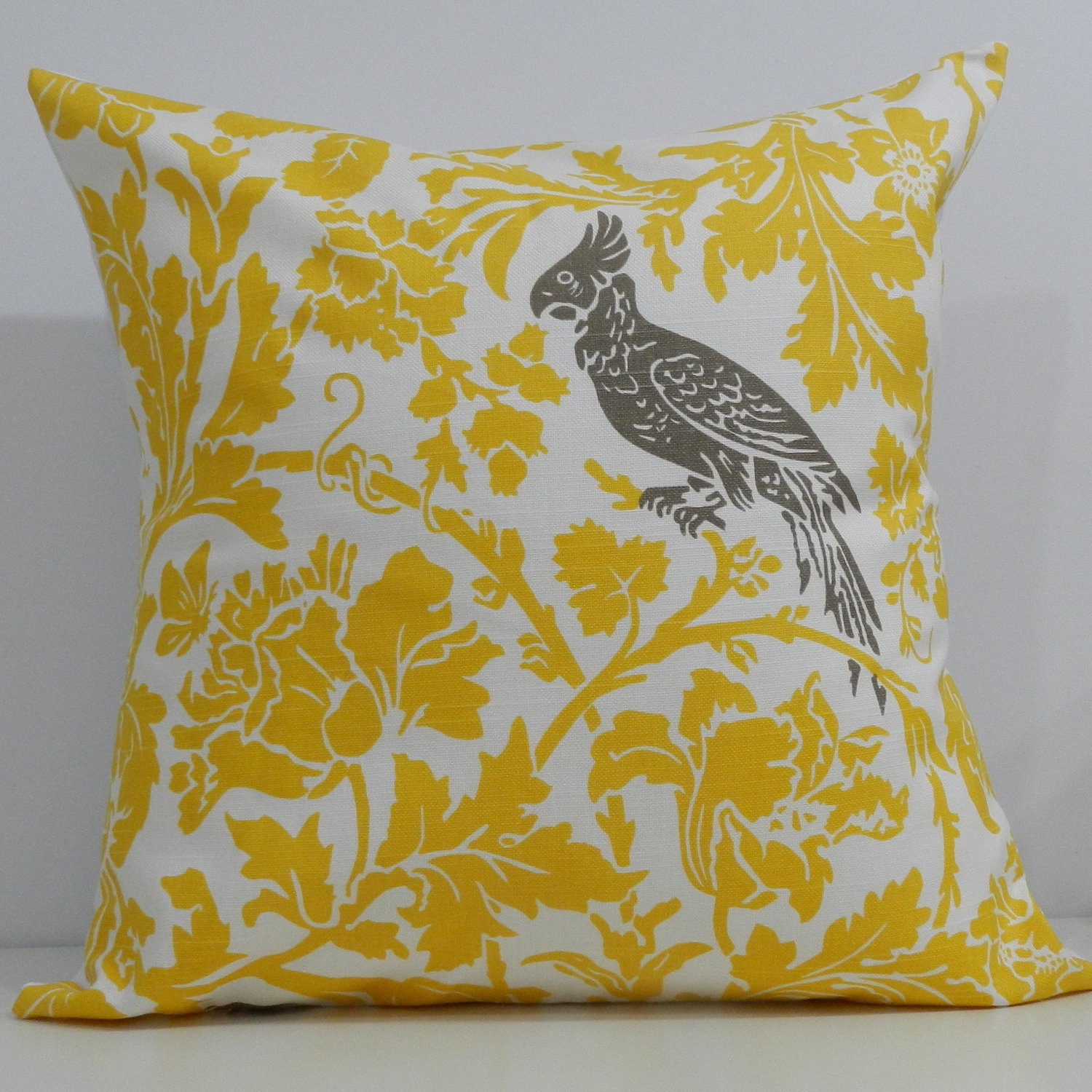 New 18x18 inch Designer Handmade Pillow Case. Yellow floral with kelp bird.