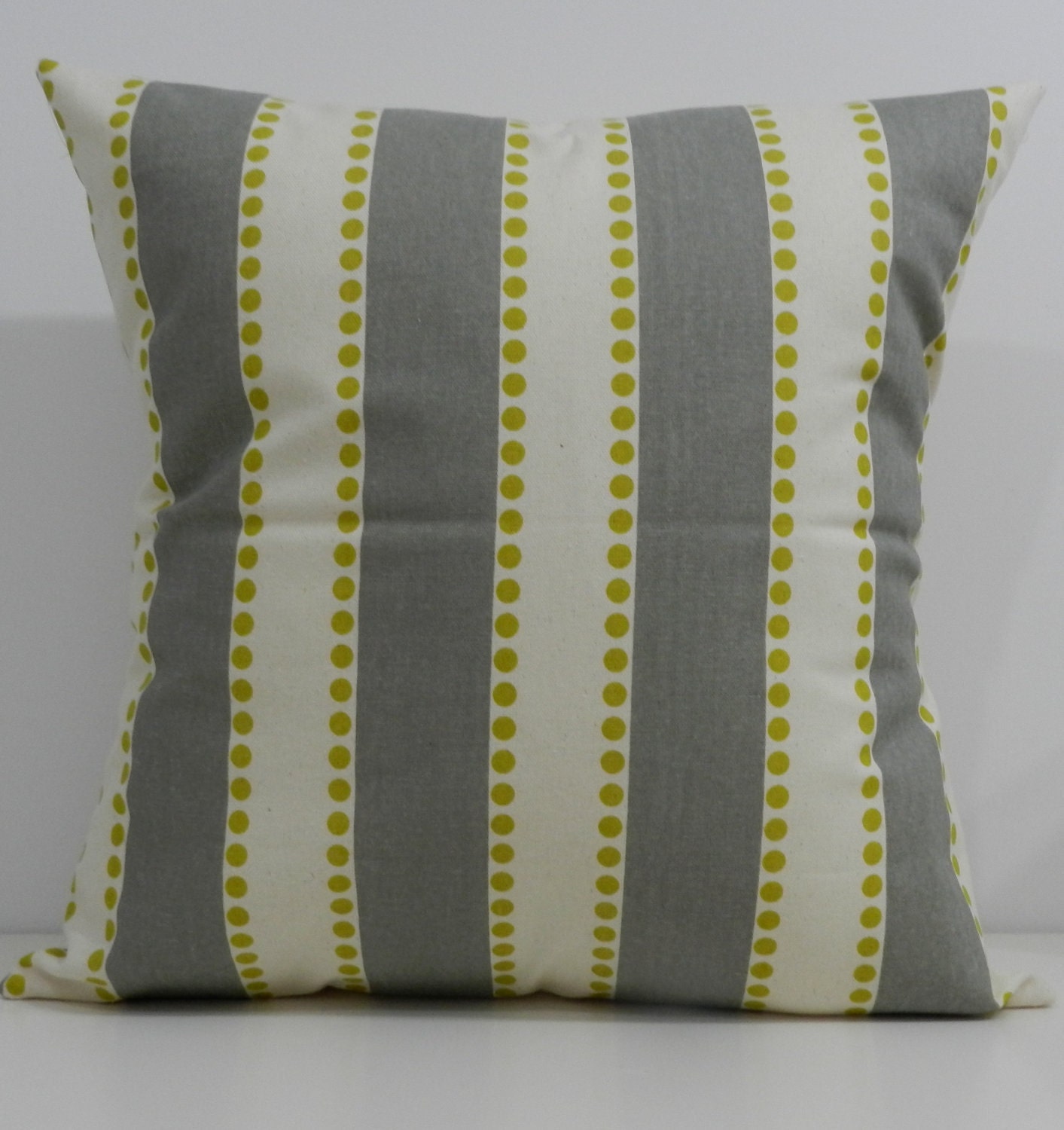 New 18x18 inch Designer Handmade Pillow Cases in chartreuse dots and grey stripes on natural
