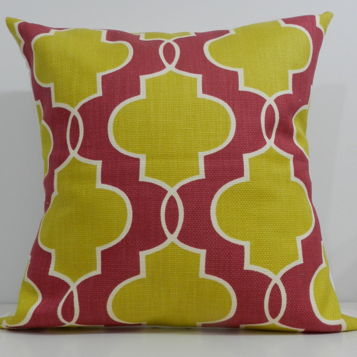 New 18x18 inch Designer Handmade Pillow Cases. Chartreuse pink and ivory