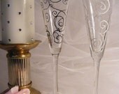 bride and groom wedding champagne toasting flutes with black and white swirls - can order custom colors