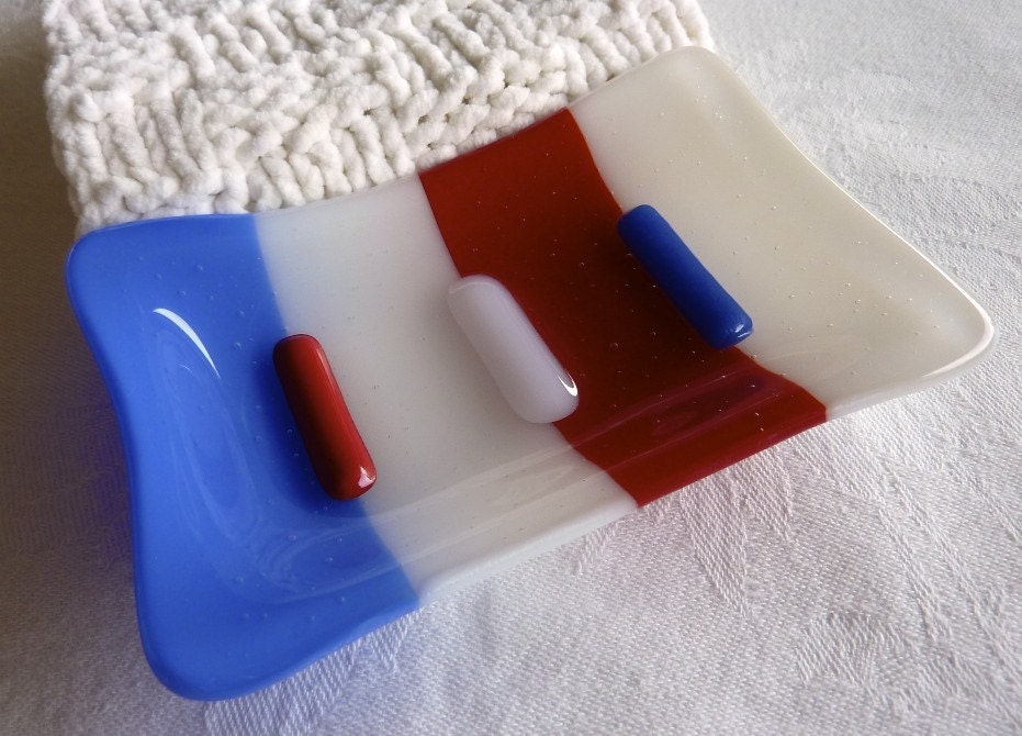 Glass Soap Dish in Red, White and Blue