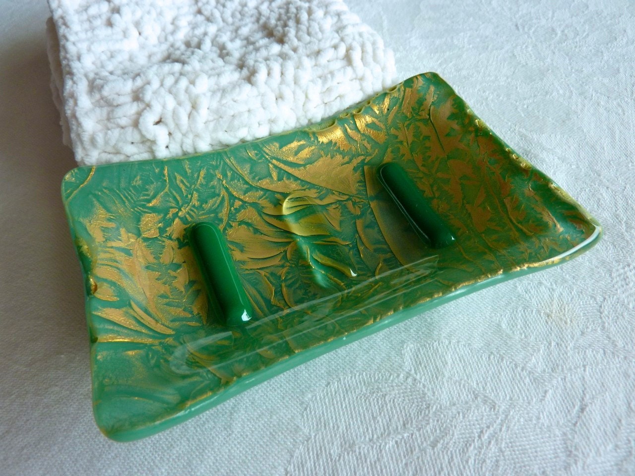 Soap Dish in Mineral Green and Gold Glass
