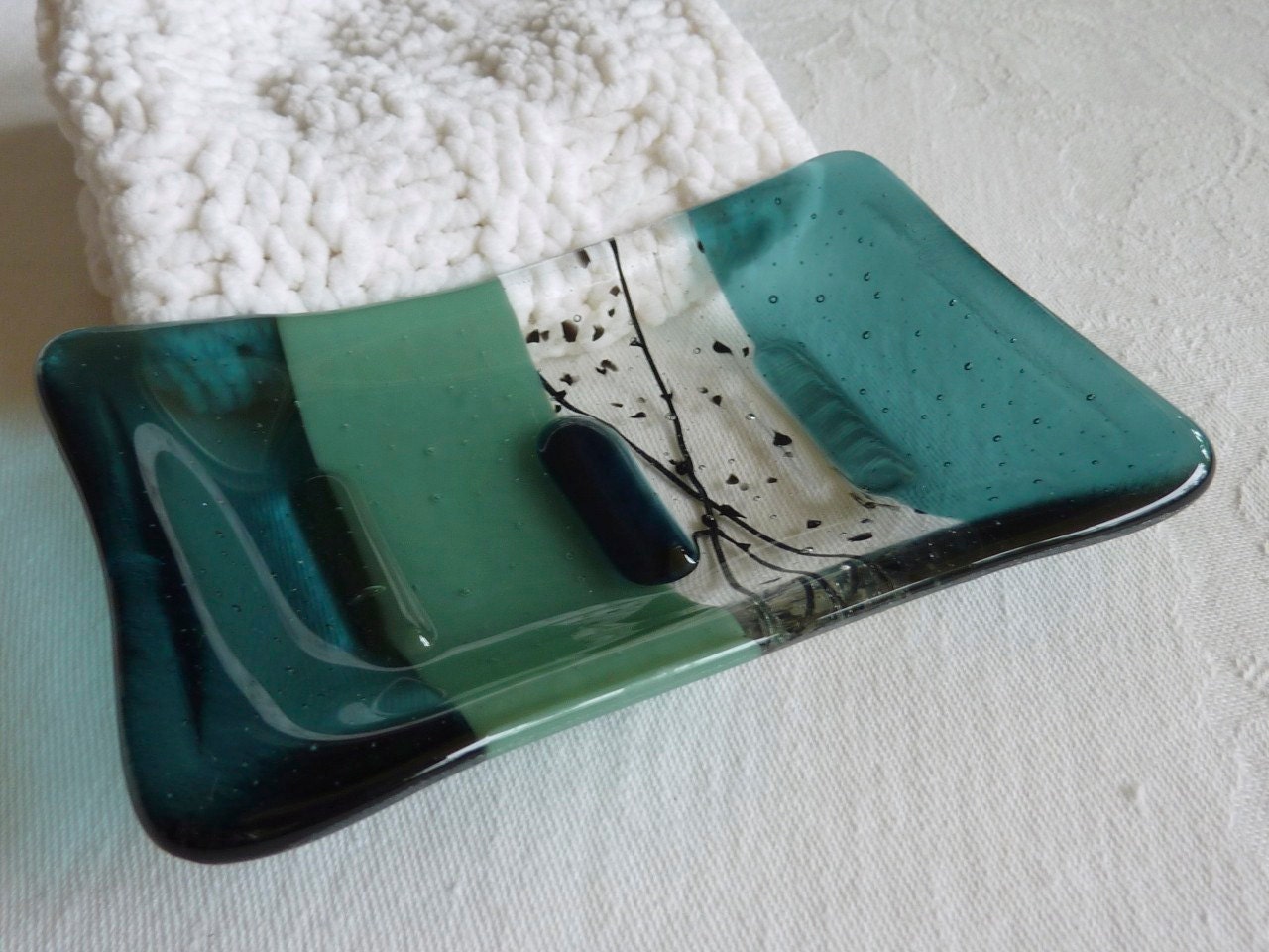 Glass Soap Dish in Sea Blue and Mineral Green
