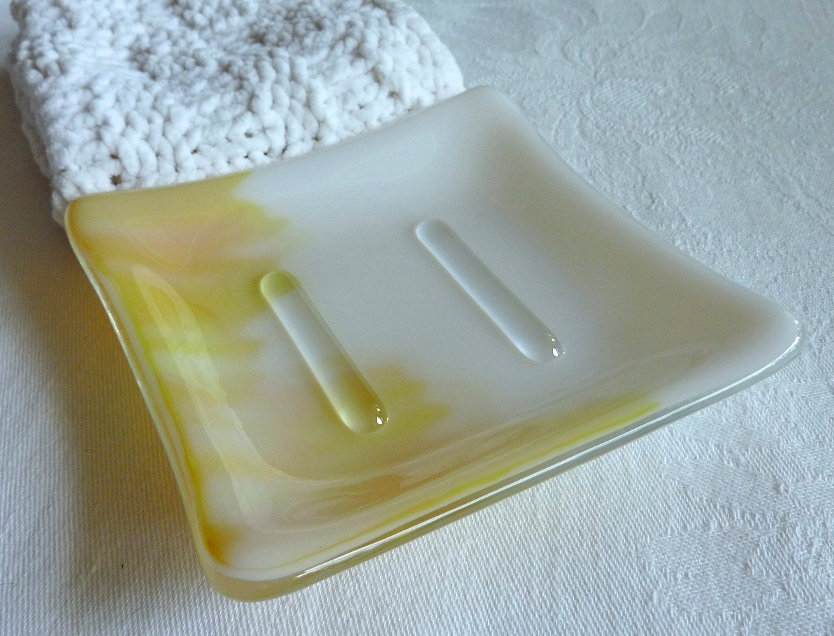 Square Soap Dish in White and Yellow Streaky Glass