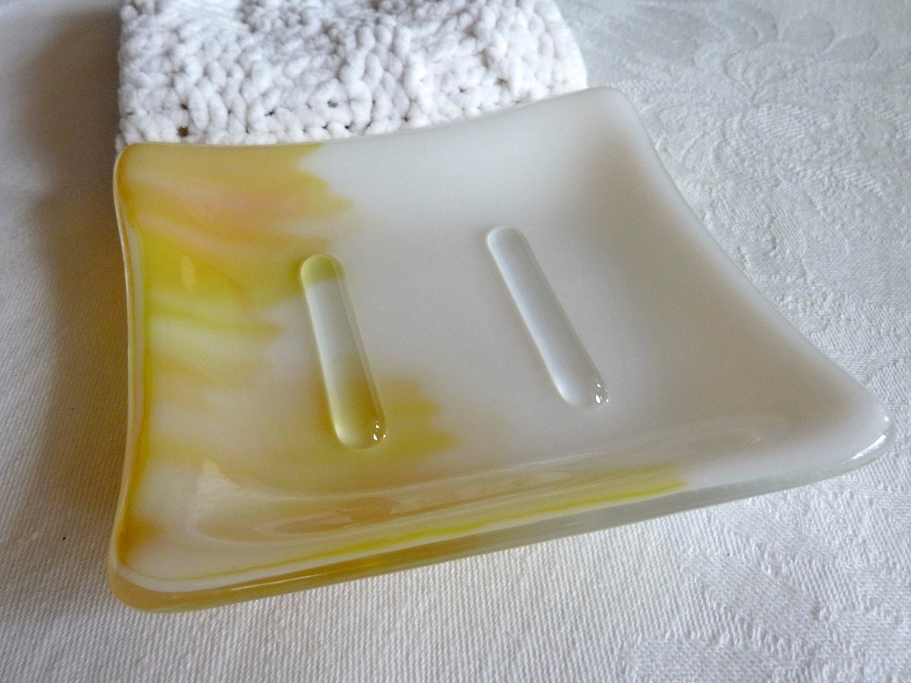 Square Soap Dish in White and Yellow Streaky Glass
