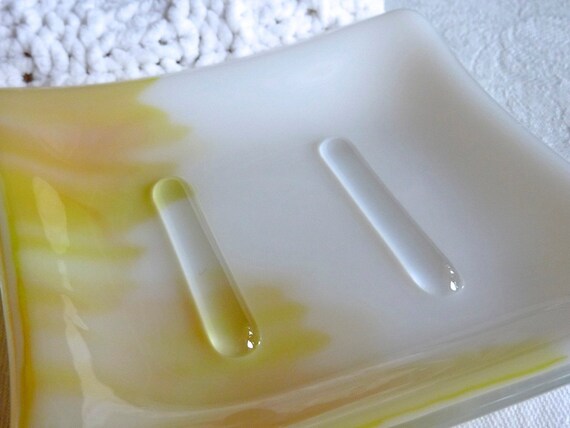 Square Soap Dish in White and Yellow Streaky Glass