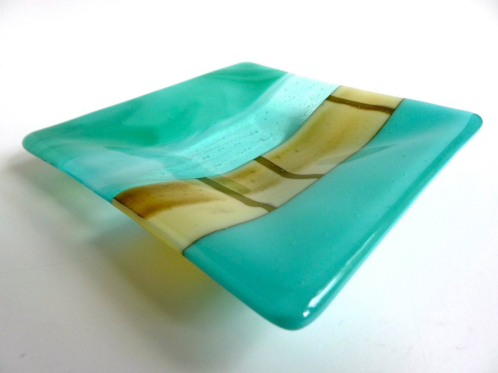 Glass Plate in Turquoise, Blue Green and French Vanilla