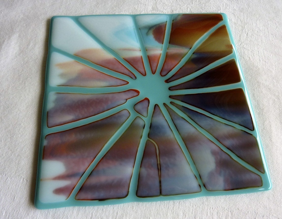 Fused Glass Art Plate in Turquoise, Brown, and White