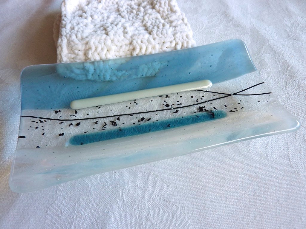 Large Soap Dish in White and Steel Blue Streaky Glass