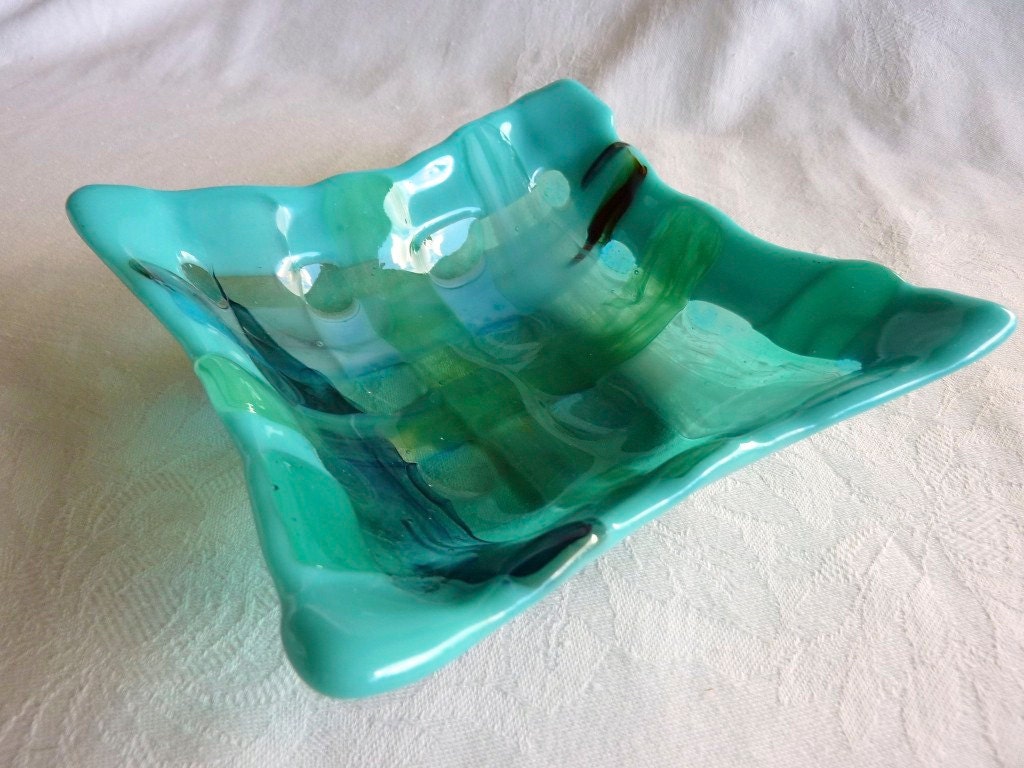 Fused Glass Dish in Woven Strips of Turquoise and Aqua