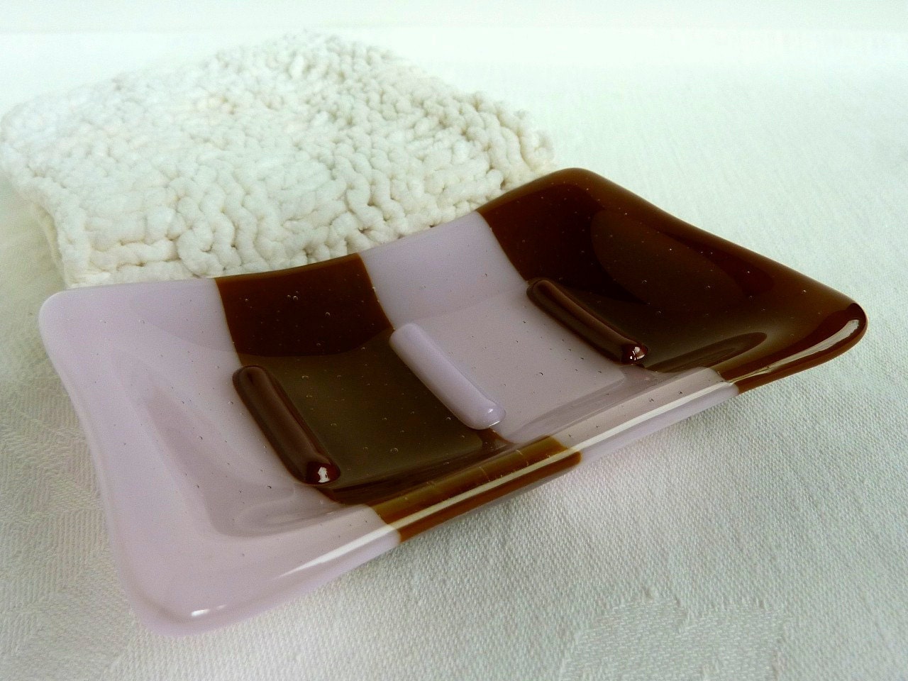Glass Soap Dish in Petal Pink and Brown