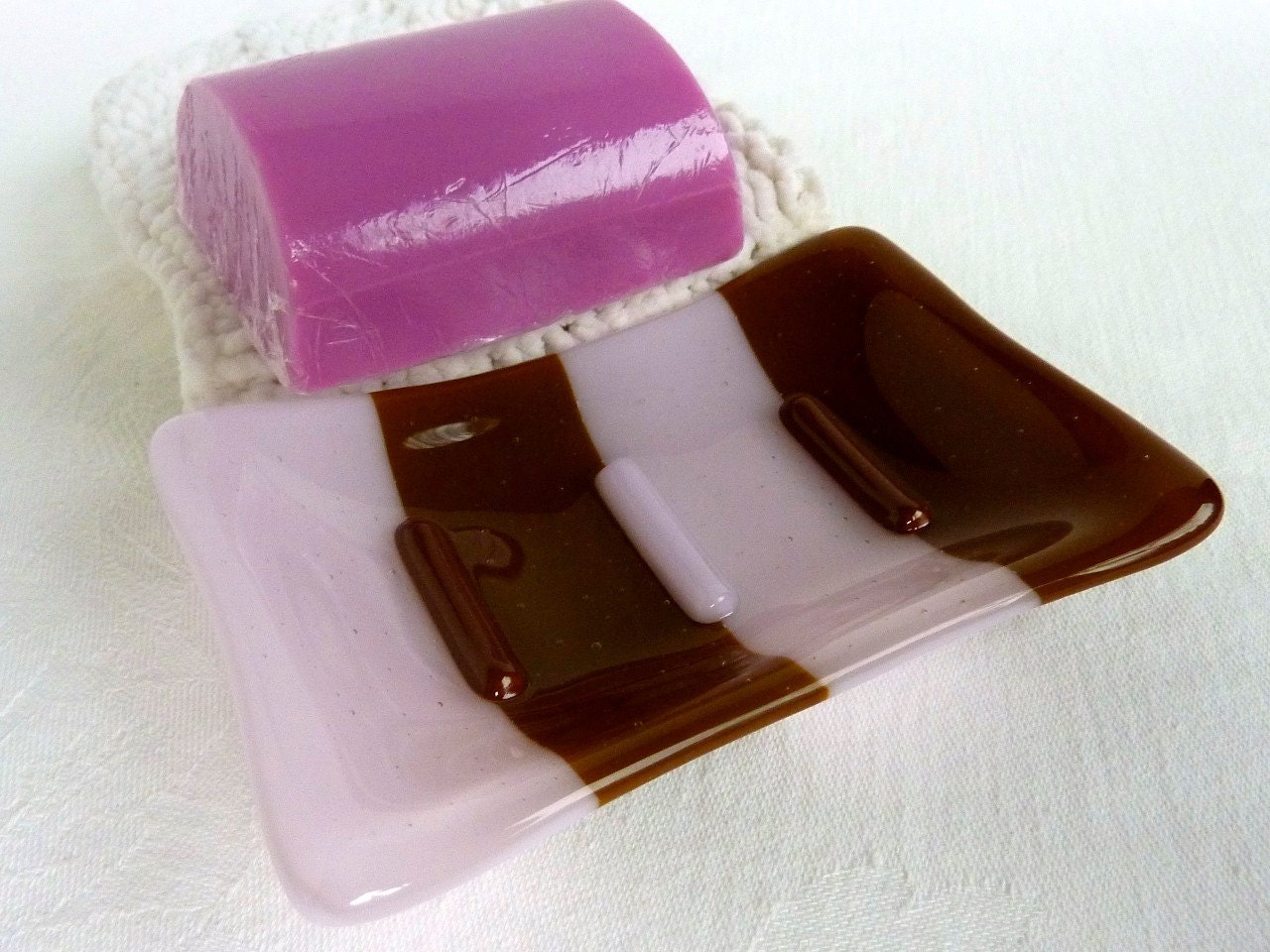 Glass Soap Dish in Petal Pink and Brown