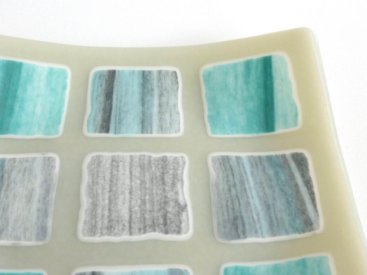 Fused Glass Art Plate in Shades of Aqua and Gray