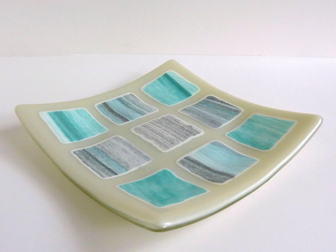Fused Glass Art Plate in Shades of Aqua and Gray