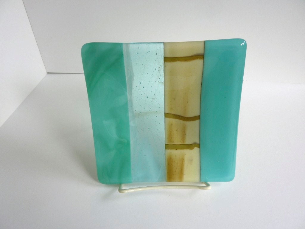 Glass Plate in Turquoise, Blue Green and French Vanilla