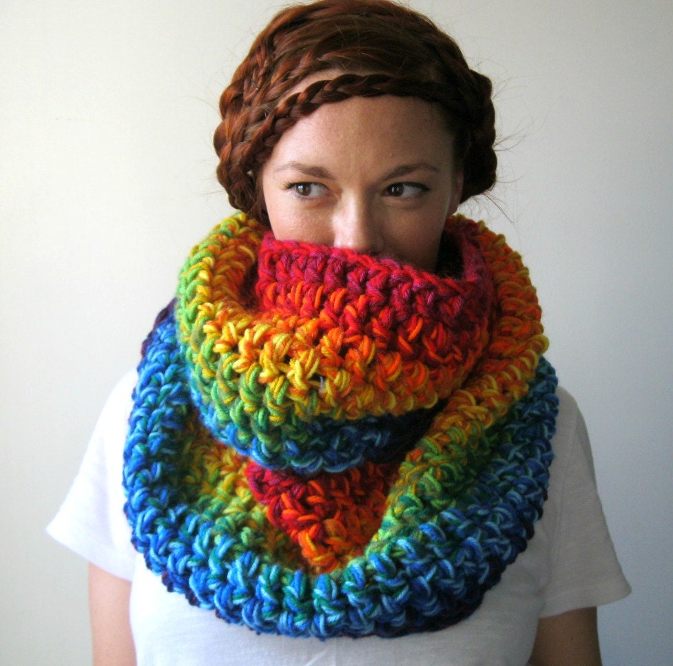 Double Rainbow Circle Scarf. Extra Chunky Infinity Cowl.