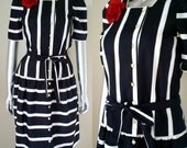 1980s Striped Drop Waist Day Dress SM MED