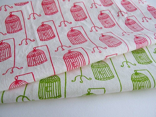 Hand printed Fabric Birdcage design, Organic cotton and hemp fabric