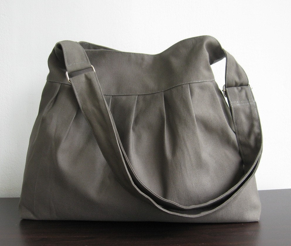 Sale - Grey Canvas All Purpose Pleated Bag - Shoulder bag, Diaper bag, Messenger bag, Tote, Travel bag, Women