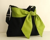 Sale - Black Cotton Twill Bag, tote, diaper bag, messenger, bow, stylish, fashionable - Ninny