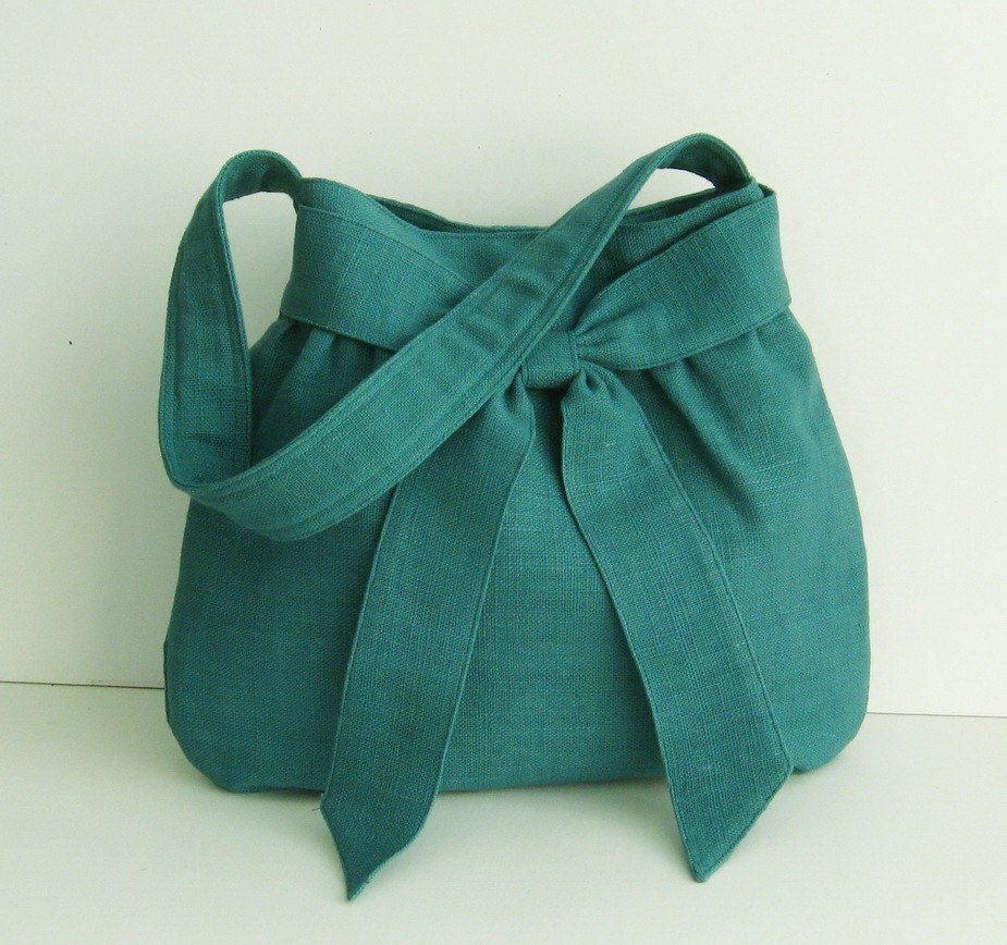 Sale - Teal Hemp/Cotton Bag, tote, purse, messenger, work, everyday bag, bow, hemp - AMY