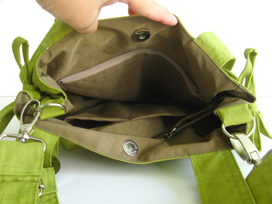 Sale  - Water Resistant Nylon Pumpkin Bag in Apple Green - Shoulder bag, Diaper bag, Messenger, Tote, Travel, Women