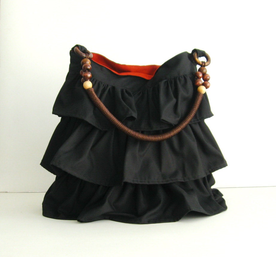 Sale - Black Cotton Mini Ruffle Bag with Beads Strap, tote, purse, unique, cute, stylish, fashionable