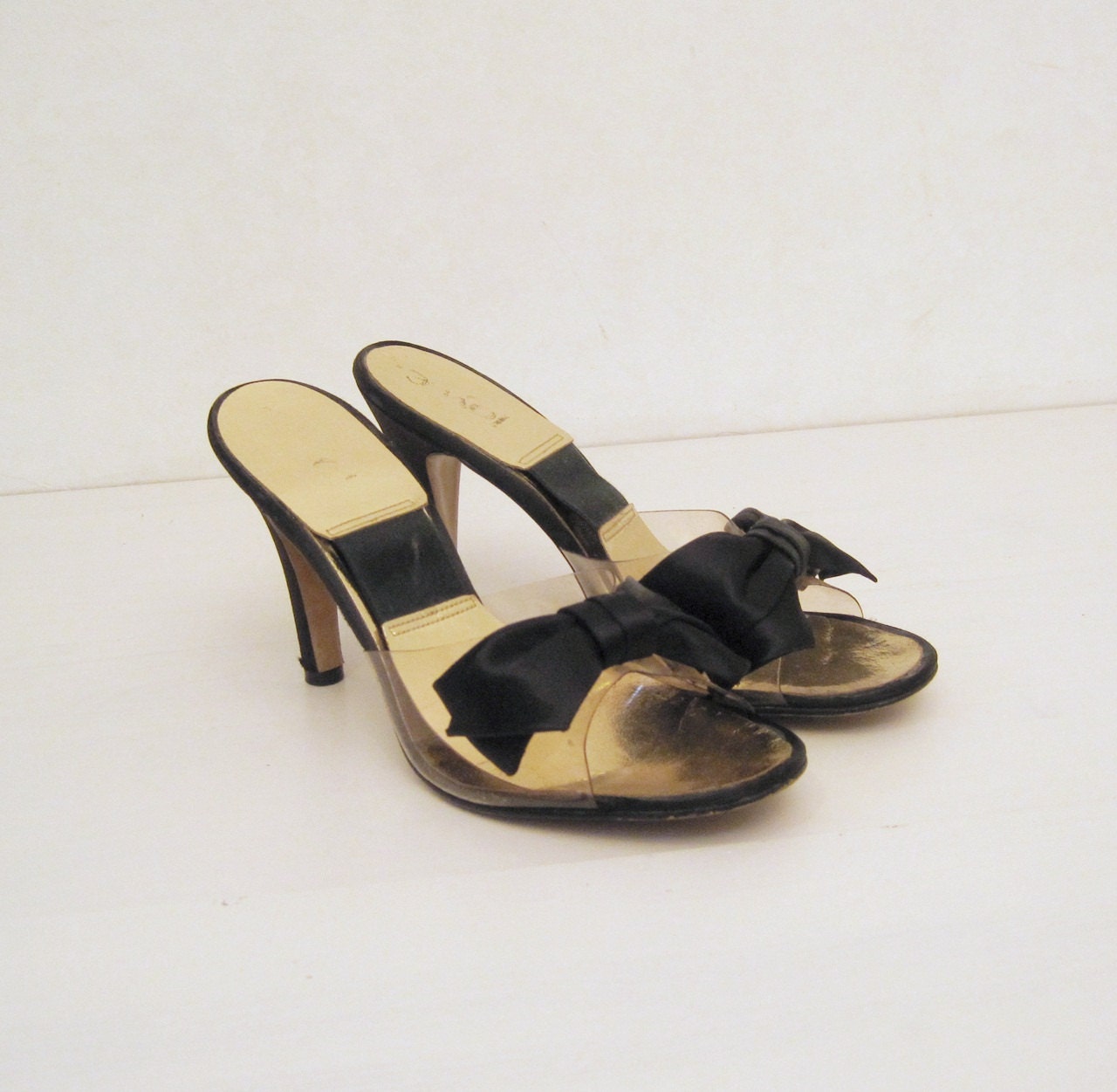 60s Shoes Vintage Springolator Satin BOW Mules Sandals Heels 6.5 7