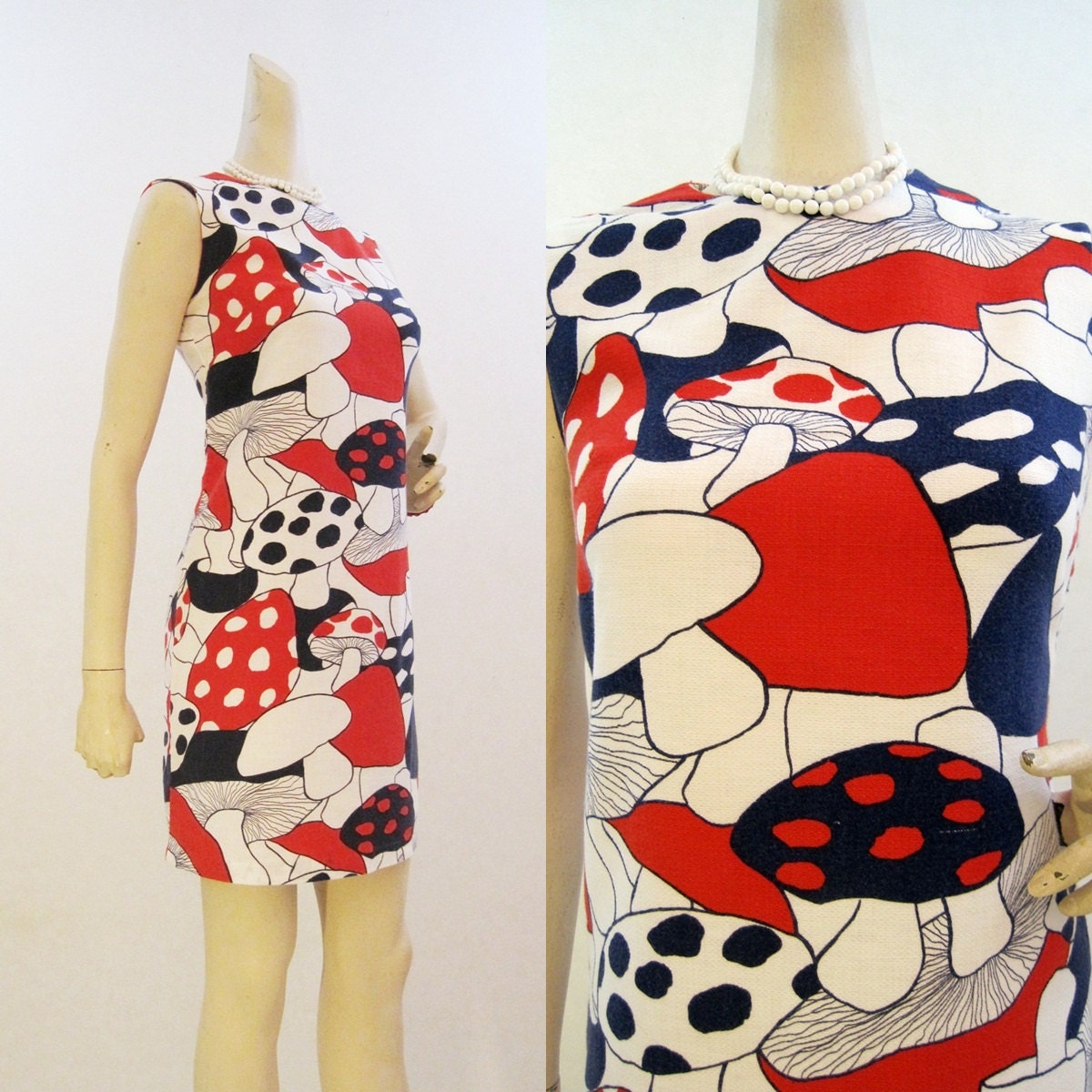60s Dress Vintage MOD Magical Mushroom Novelty Print Mini Shift S M