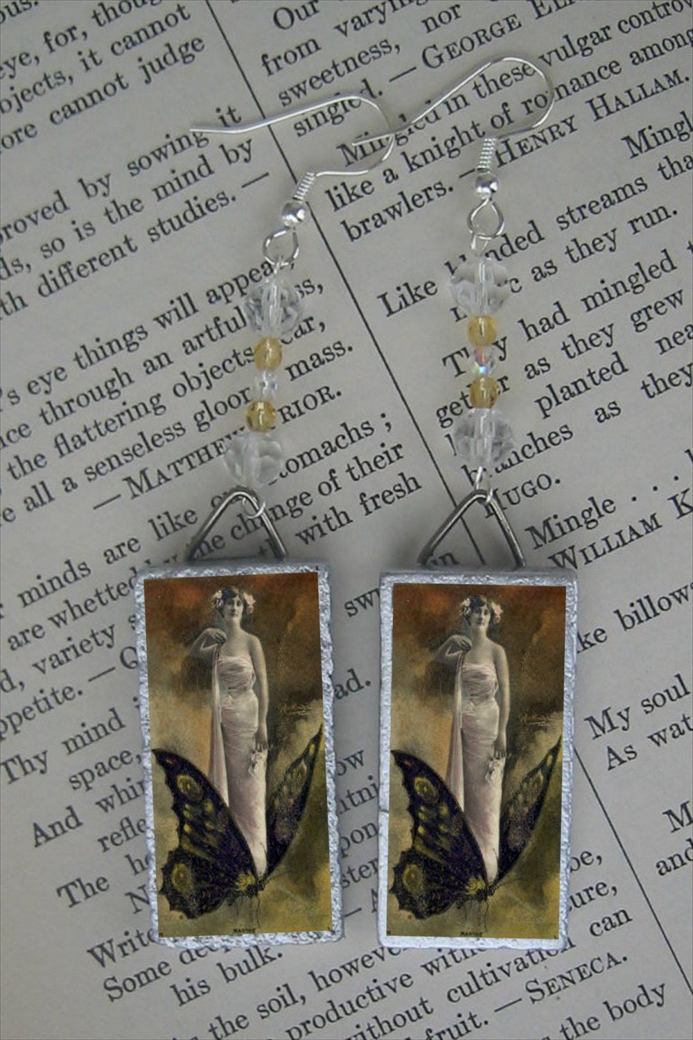 BUTTERFLY Fairy Woman POSTCARD altered art BEADED EARRINGS