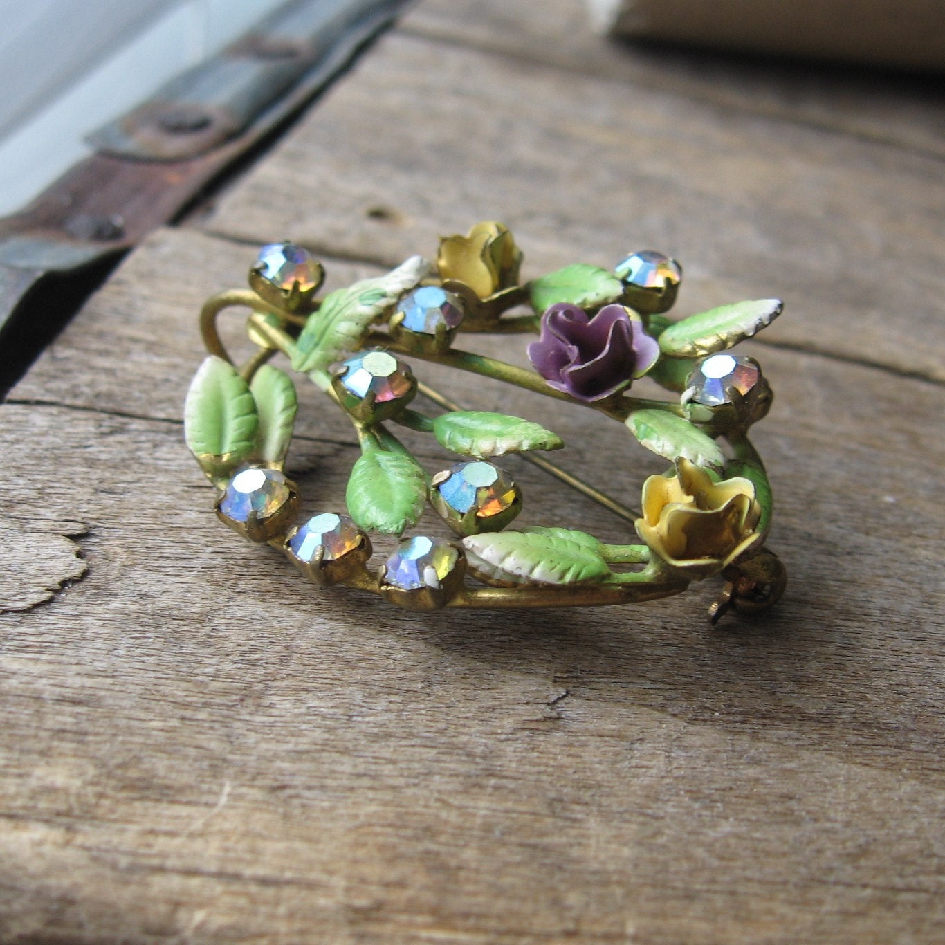 Austrian Brooch Enamel Rhinestone Floral Flower