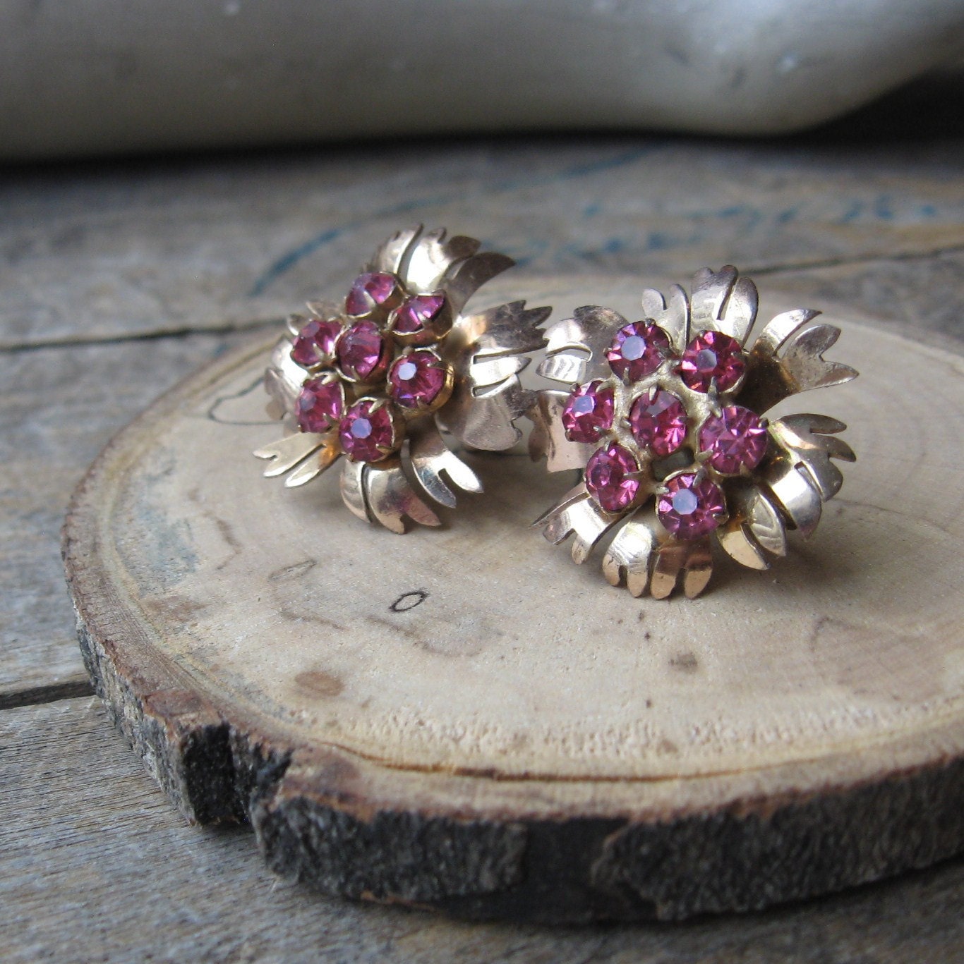 Pink Sterling Gold Wash Flower Earrings Screw Back