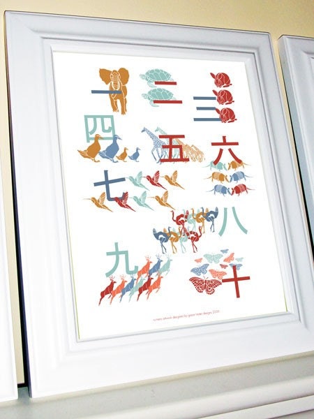 Chinese Numbers Print for Kids, 8 X 10, Animal Silhouettes, Red/Orange/Dark Blue/Light Blue Palette