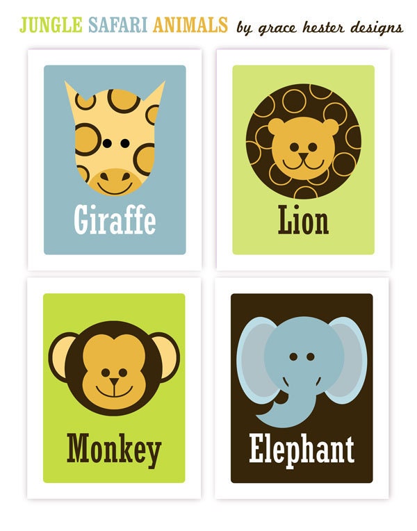 Jungle Safari Animal Prints - Monkey, Giraffe, Lion, Elephant, Set of 4, Size 4 X 6