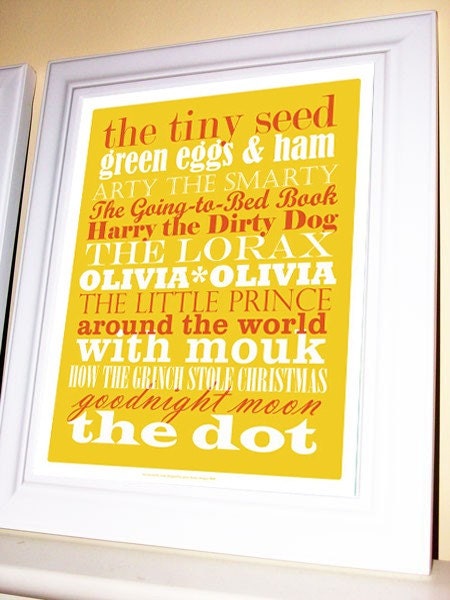 Custom Print of Book Titles for a Little Reader in Ochre Yellow, Or Choose Your Own Color, 11 X 14