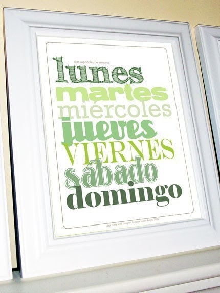Spanish Days of the Week (Dias espanoles de semana) 11 X 14 Print