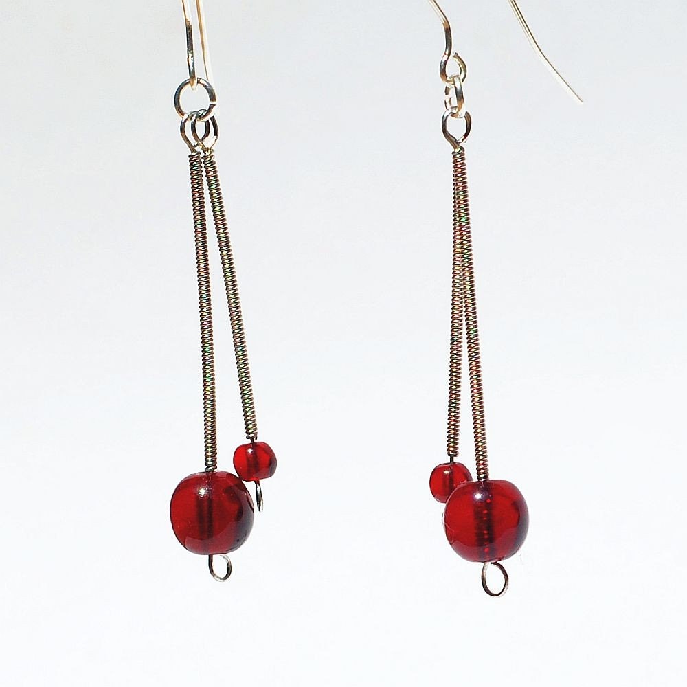 Guitar String Jewelry- Garnet Red & Silver Drop Upcycled Earrings