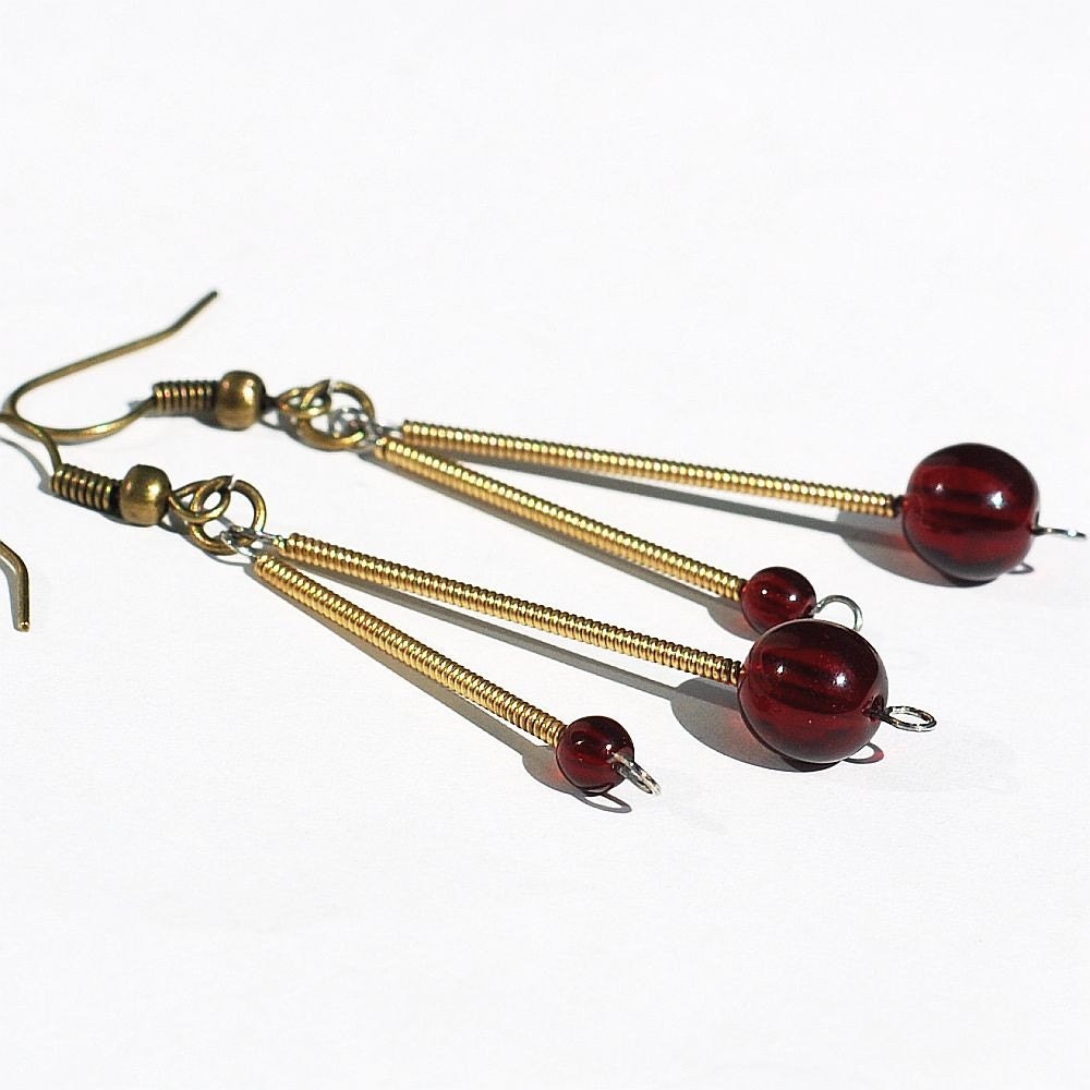 Guitar String Jewelry- Garnet Red Brass Drop Upcycled Earrings