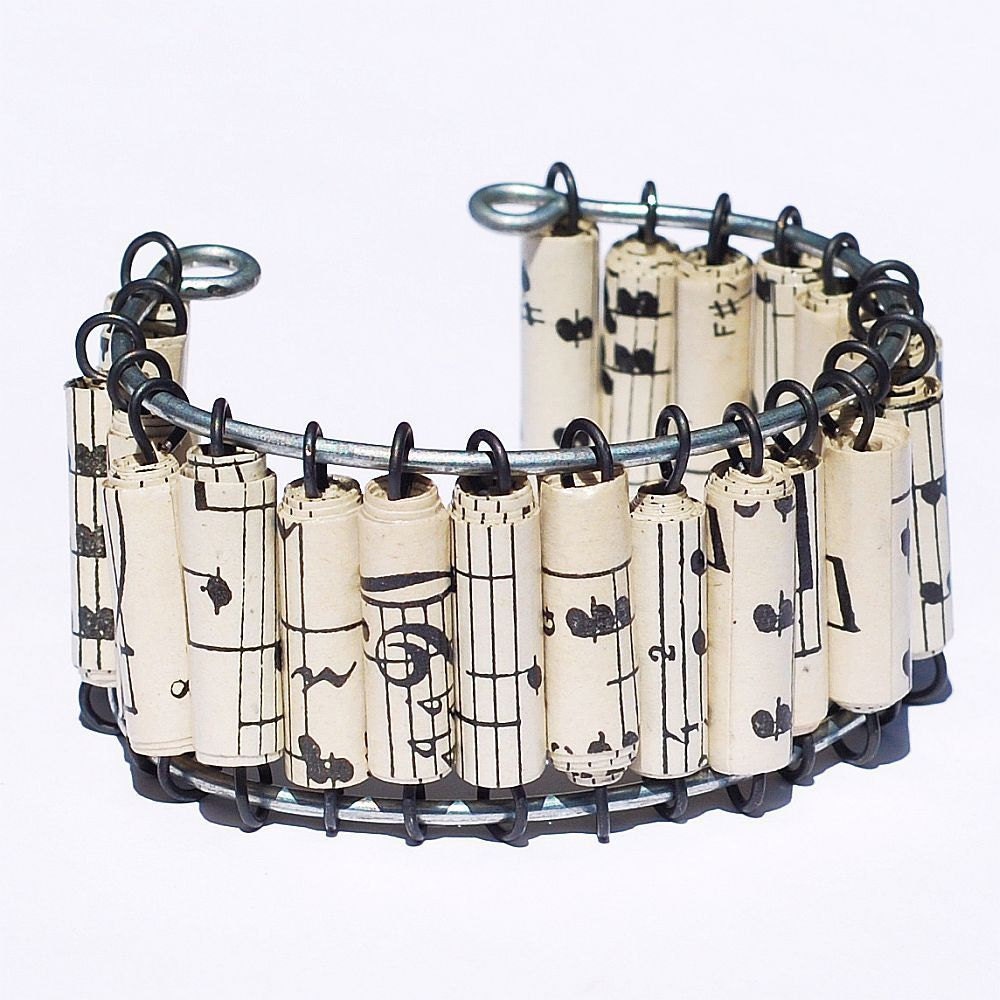 Paper Bead Jewelry- Vintage Sheet Music Cuff Bracelet