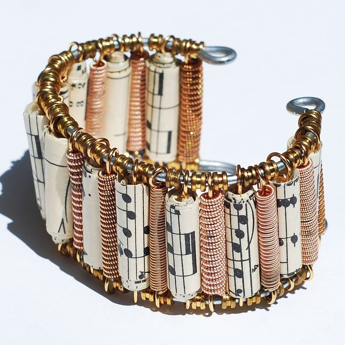Guitar String Bracelet- Upcycled Sheet Music Paper Bead Bronze Cuff Bracelet