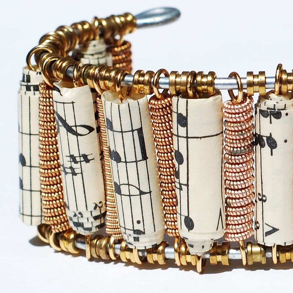 Guitar String Bracelet- Upcycled Sheet Music Paper Bead Bronze Cuff Bracelet