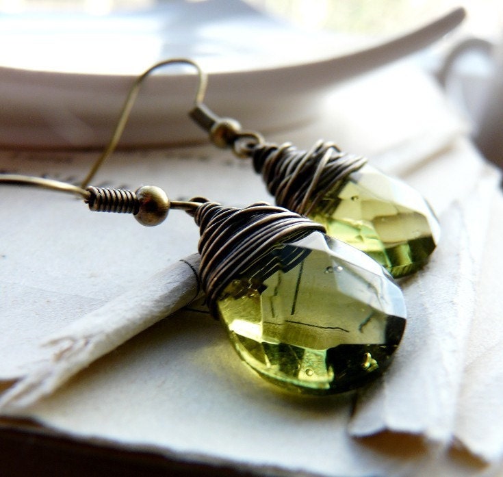 Olive juice - Antiqued brass wire wrapped light olive green glass earrings